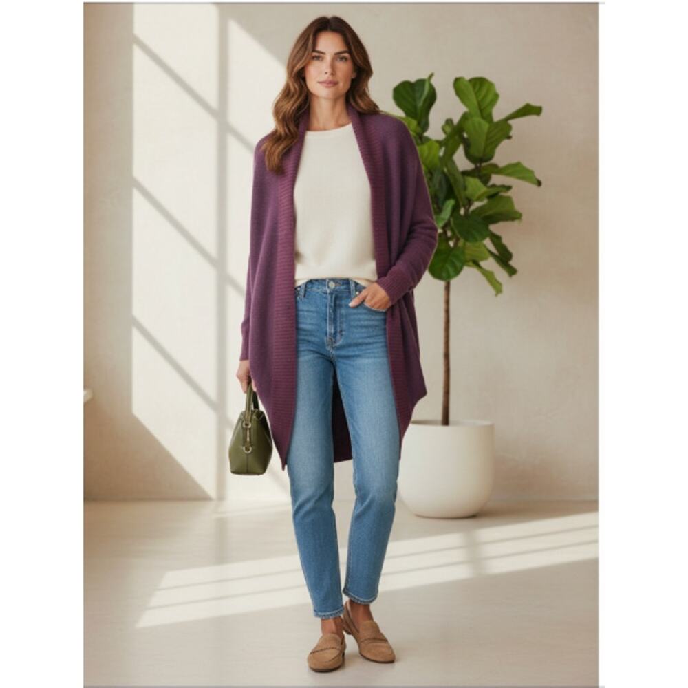 Loro Piana 100% Cashmere Open Front Cardigan Cape Italy Plum Luxury Knit Sweater